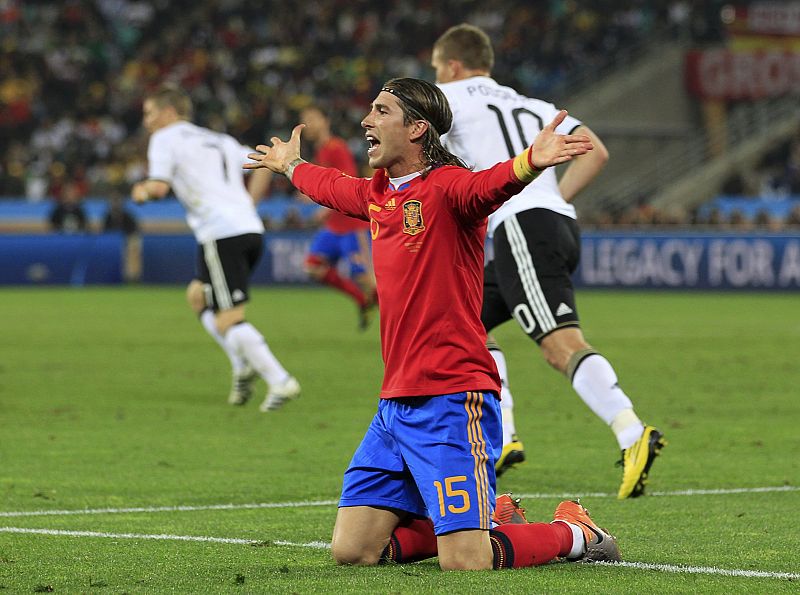 Spain's Sergio Ramos reacts during the 2010 World Cup semi-final soccer match against Germany at Moses Mabhida stadium in Durban