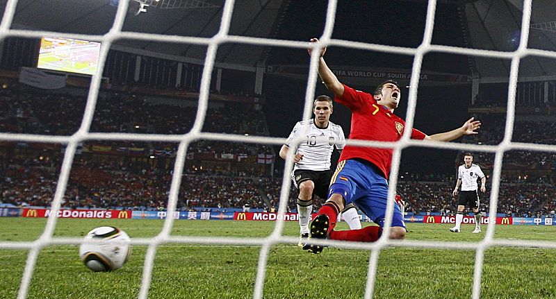 Spain's David Villa fails to hit the ball to score during the 2010 World Cup semi-final soccer match against Germany at Moses Mabhida stadium in Durban