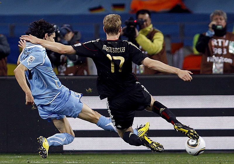 Uruguay's Edinson Cavani scores a goal during their 2010 World Cup third place playoff soccer match against Germany in Port Elizabeth