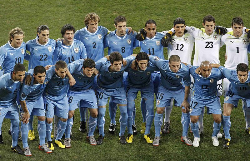 Uruguay's players pose for a team photograph before their 2010 World Cup third place playoff soccer match against Germany in Port Elizabeth