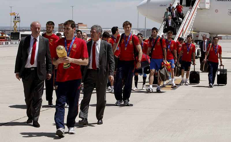 Los jugadores de la selección española, siempre encabezados por su capitán, Iker Casillas