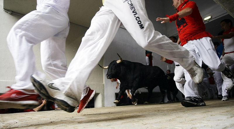 Runners lead a Jandilla fighting bull into the bullring during the last running of the bulls of the San Fermin festival in Pamplona