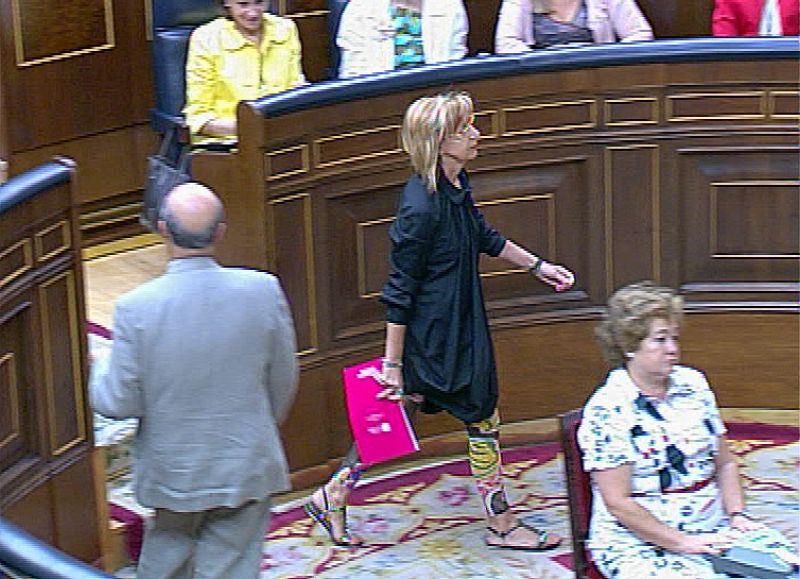 Rosa Díez, portavoz de UPyD, con un original look, sube a la tribuna para iniciar su intervención.