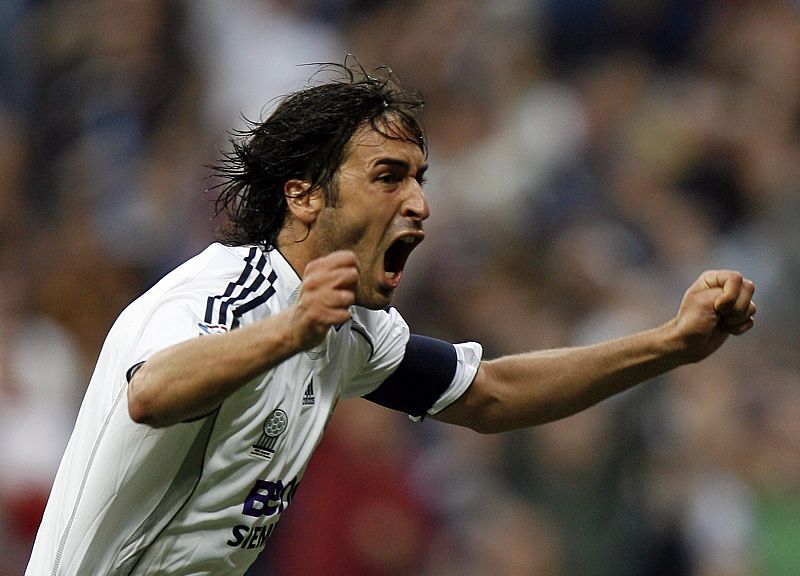Real Madrid's Raul celebrates his goal against Deportivo Coruna during their Spanish First Division soccer match in Madrid