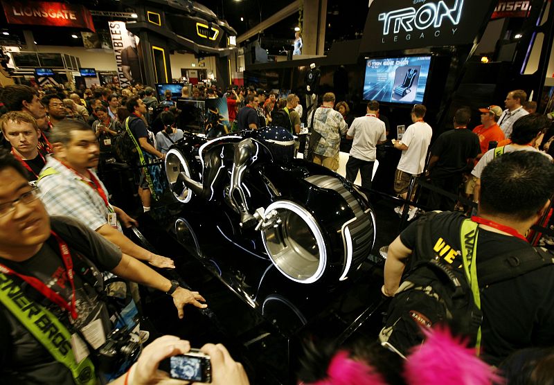 A replica motorcycle from the Disney movie "TRON" is seen on display during the opening night of the annual Comic Con convention in San Diego