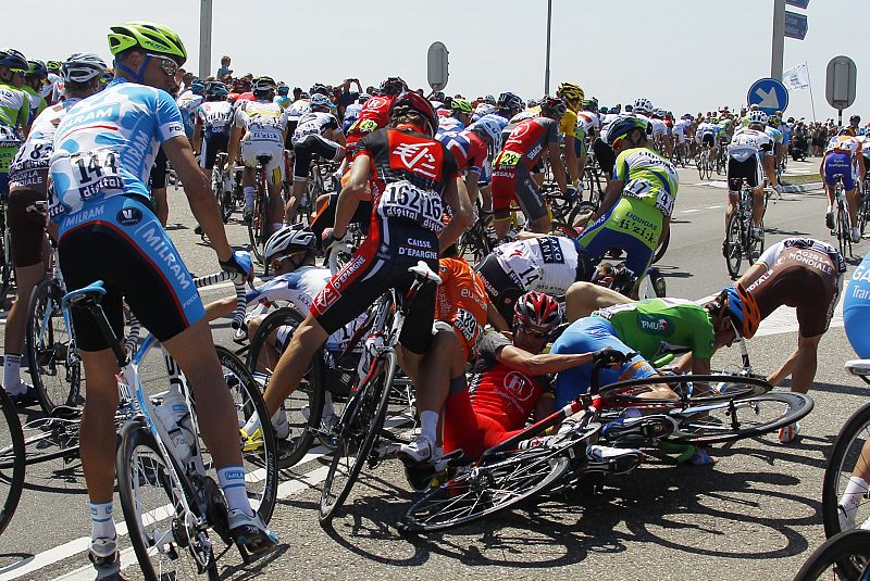 Riders fall during the first stage of the Tour de France cycling race from Rotterdam to Brussels