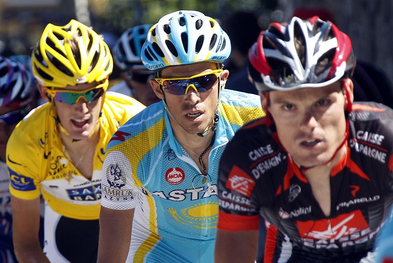 Astana team rider Alberto Contador, Saxo Bank team rider Andy Schleck and Caisse d'Epargne team rider Luis-Leon Sanchez climb to Ax-3 Domaines during the 14th stage of the Tour de France cycling race