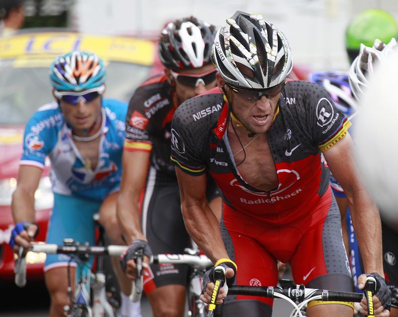 Radioshack's Lance Armstrong of the U.S. climbs to the Aubisque pass with a break away during the 16th stage of the Tour de France cycling race between Bagneres-de-Luchon and Pau