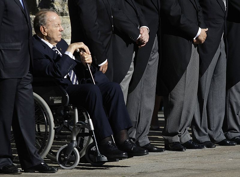 Spain's Popular Party's founding president Manuel Fraga is seen in front of Santiago de Compostela Cathedral on St James's Day, north west of Spain
