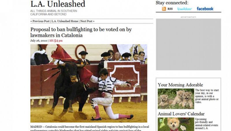 Los Angeles Times titula, objetivamente, sobre la "propuesta de prohibición de las corridas de toros en Cataluña".