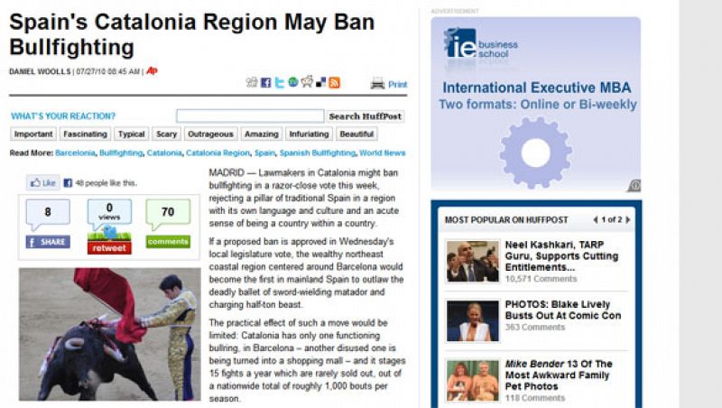 El blog The Huffington Post plantea la posibilidad de que las corridas sean prohibidas en Cataluña.