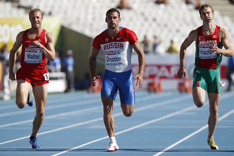 Walter of Switzerland Drozdov of Russia and Krauchanka of Belarus compete in men's decathlon 100 metres heats at European Athletics Championships in Barcelona