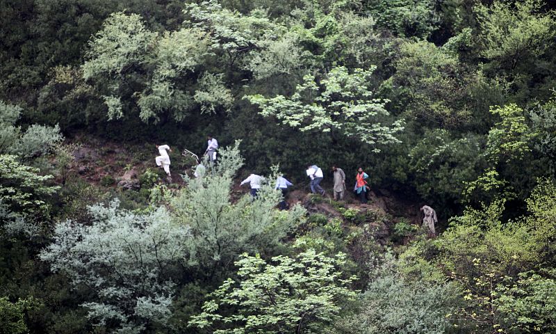 Members of a rescue team make their way through a forested hill towards the wreckage of a passenger plane which has crashed in the Margalla Hills on the outskirts of Islamabad