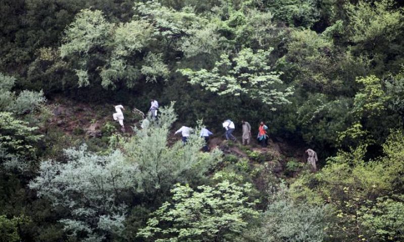 Members of a rescue team make their way through a forested hill towards the wreckage of a passenger plane which has crashed in the Margalla Hills on the outskirts of Islamabad