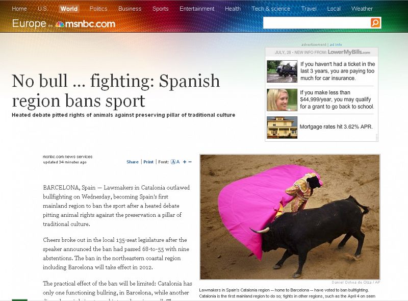 La cadena americana NBC se hace eco de la abolición de los toros en Cataluña.