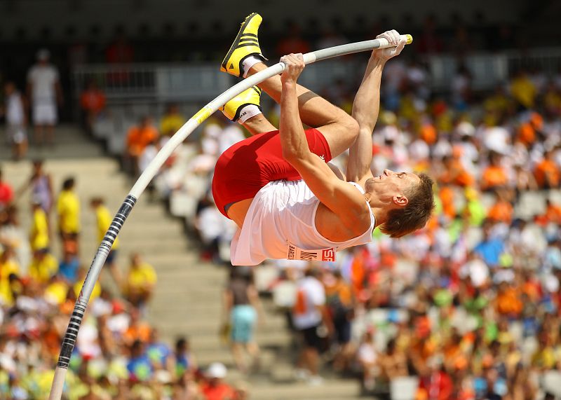 Michalski of Poland competes in men's pole vault qualifications at the European Athletics Championships in Barcelona