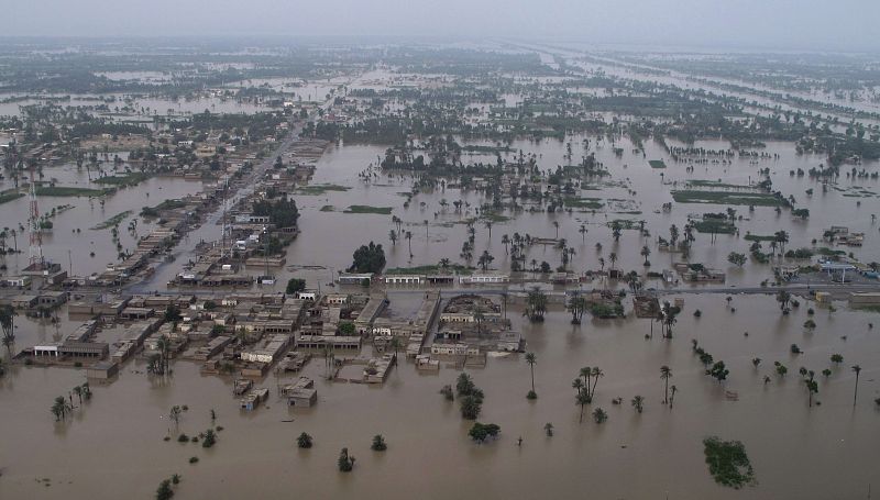 An aerial view shows the flooded village of Kot Addu in Pakistan's Punjab province