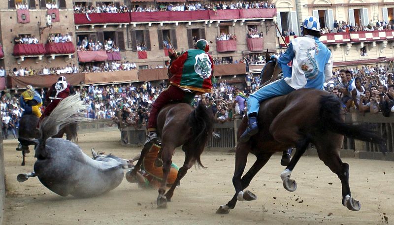 Jockey of Selva parish Alberto Ricceri falls during the Palio race in Siena