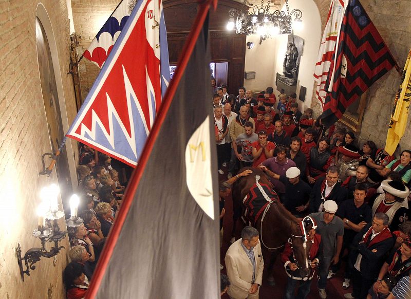 The horse and the jockey of Civetta parish are blessed in the church before the Palio race in Siena