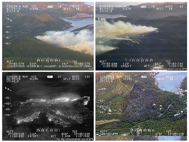 Combo de cuatro imágenes aéreas del incendio.