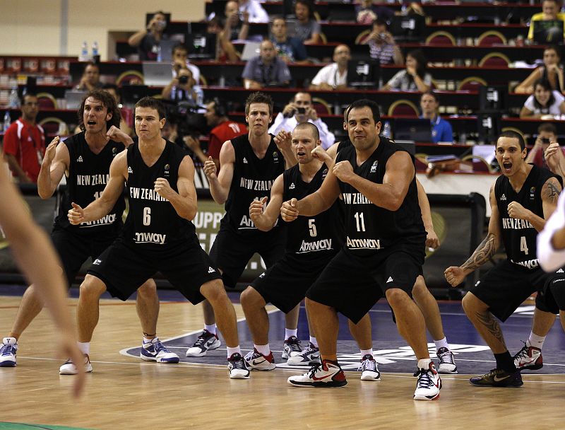 New Zealand team performs "haka" before their FIBA Basketball World Championship game against Spain in Izmir