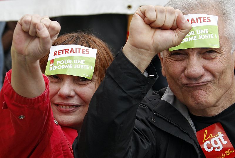 Private and public sector workers demonstrate over pension reforms in Marseille