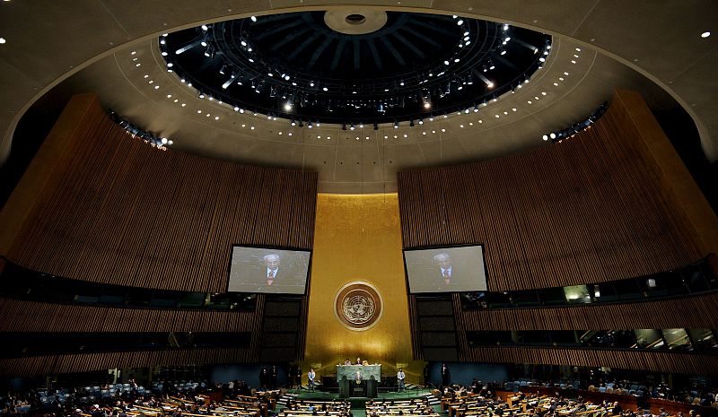 El jefe de Estado de Israel, Simón Peres, pronuncia un discurso en la jornada inaugural de la asamblea de la ONU