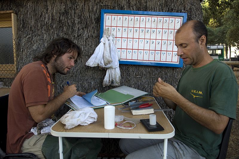 Investigadores de Doñana preparando cuadernos de campo