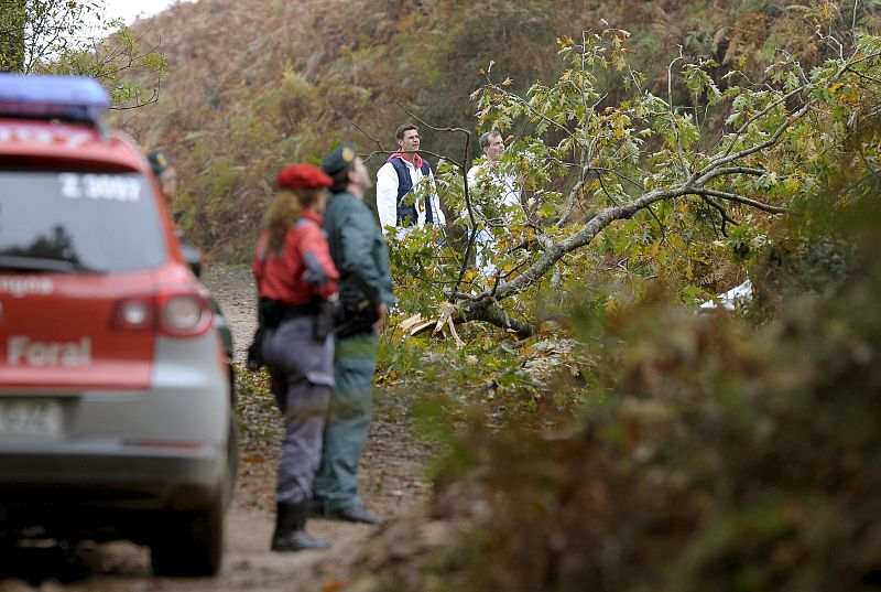 Agentes de la Policía Foral y de la Guardia Civil inspeccionan el lugardel accidente.