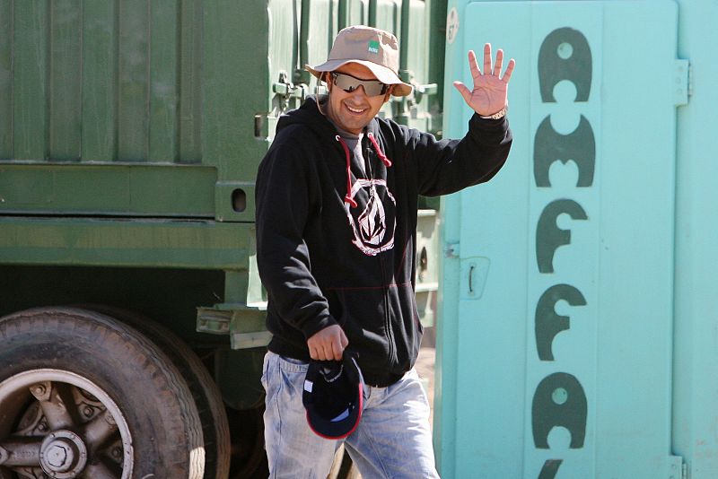 Rescued Chilean miner Daniel Herrera waves as he arrives at the San Jose mine