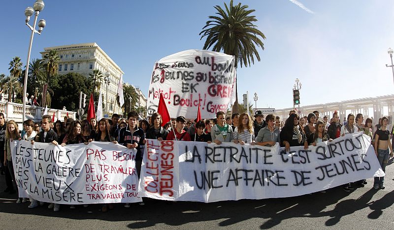 French high school students attend a demonstration over pension reform in Nice
