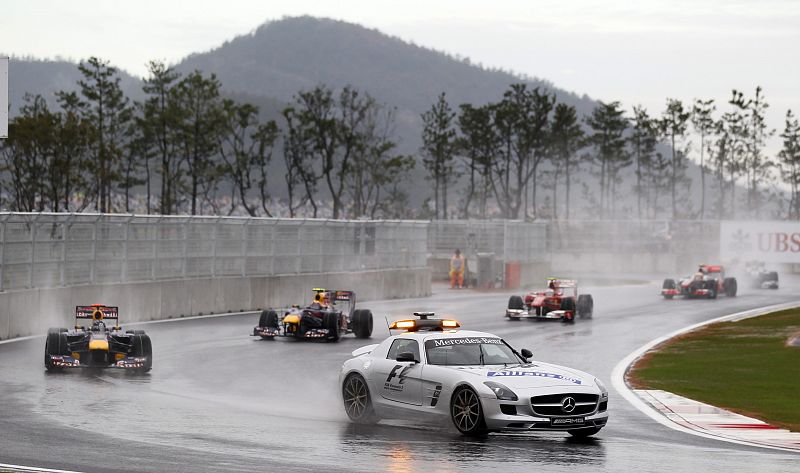 The safety car leads the Formula One drivers during the South Korean F1 Grand Prix at the Korea International Circuit in Yeongam