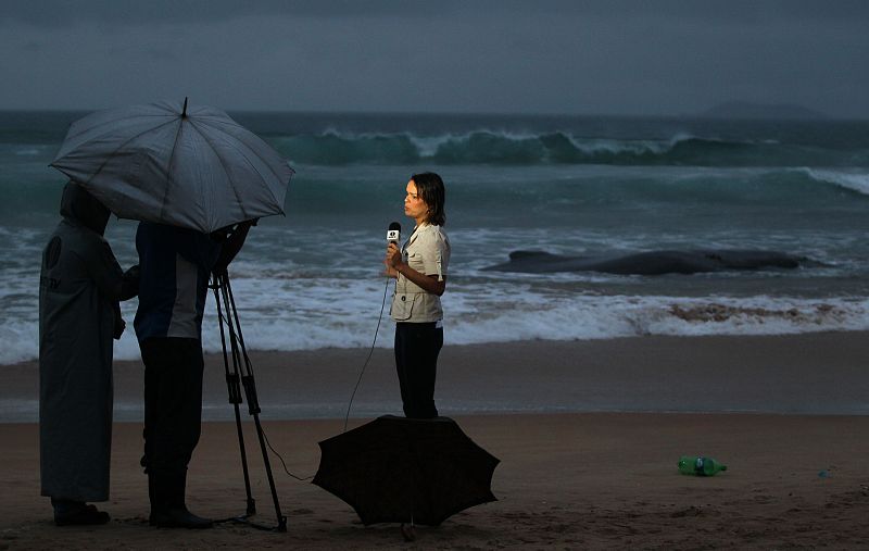 Una presentadora de televisión narra el suceso para sus espectadores