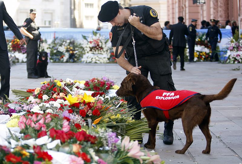 Un perro de la policía revisa las coronas de flores enviadas a la Casa Rosada.