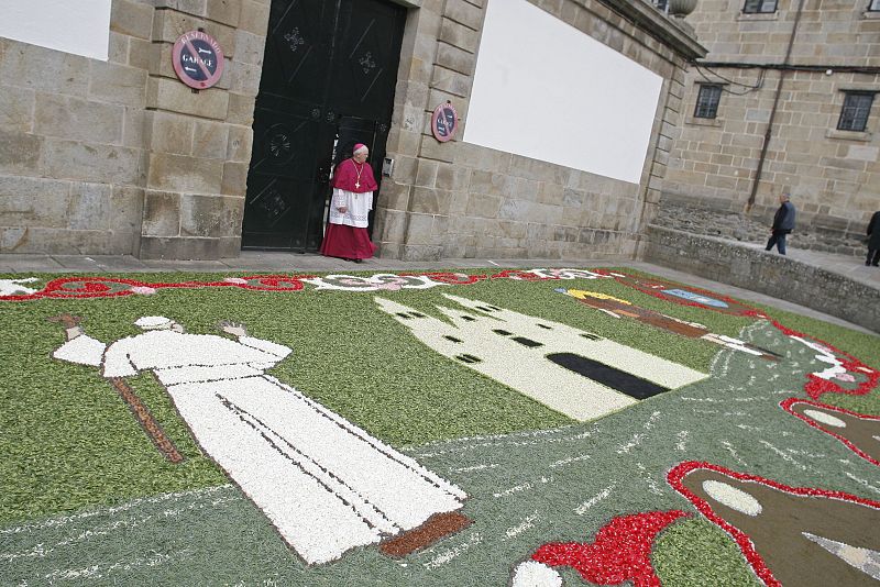 Alfombristas de la localidad de Ponteareas (en la provincia de Pontevedra) han confeccionado una alfombra floral de 120 metros cuadrados, situada en la plaza de la Inmaculada de Santiago, delante del Arzobispado, para recibir al Papa.