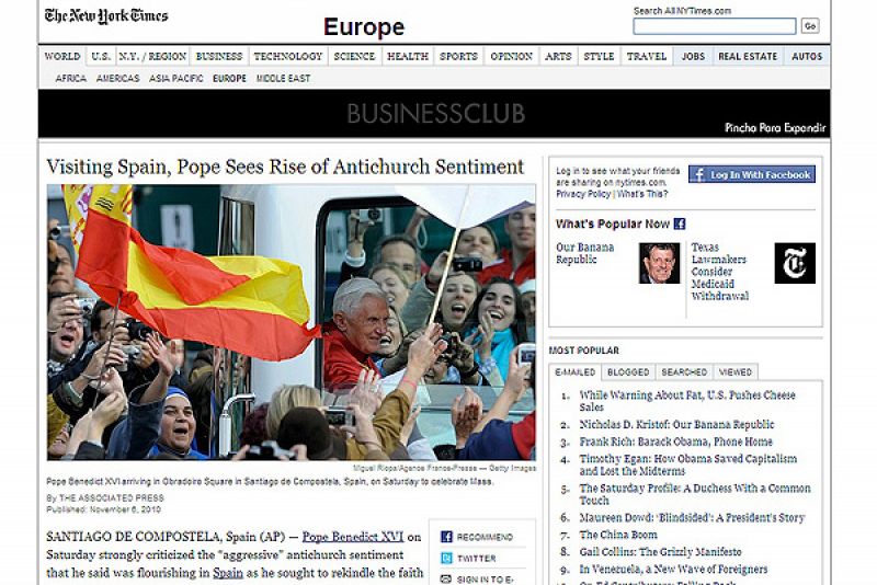 La visita del Papa en España en la portada del New York Times