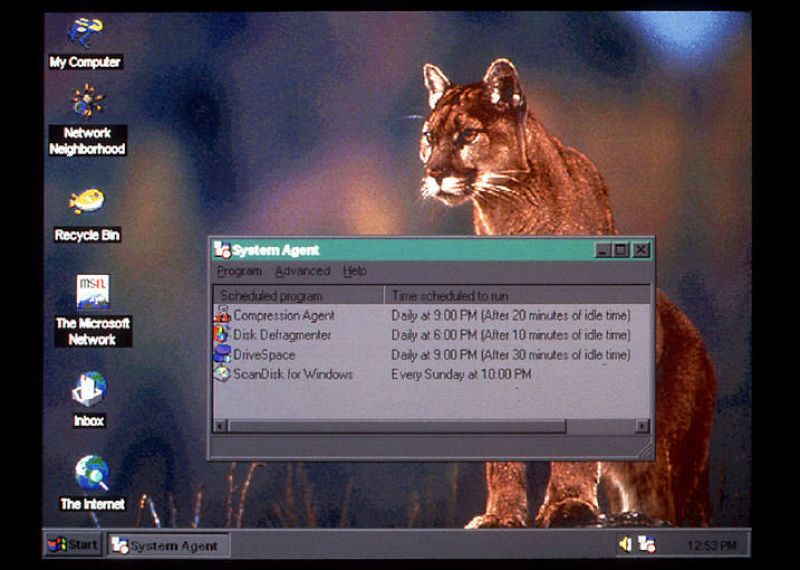 Microsoft Corp.'s forthcoming Windows 95 operating system, a screentop view of Windows 95 is shown o..