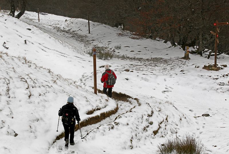 Las primeras nevadas en Navarra comienzan a blanquear los montes próximos a Roncesvalles, paso obligado para los peregrinos que realizan el Camino de Santiago