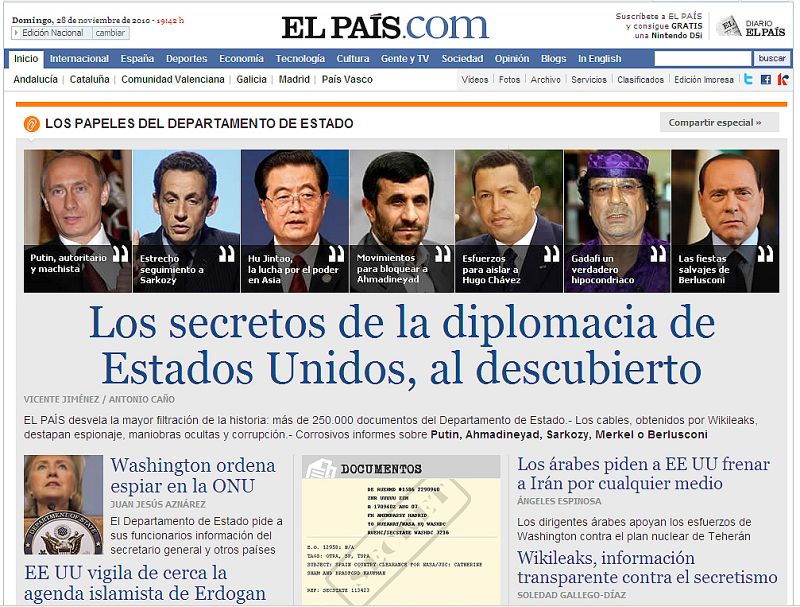 ELPAIS.com titula "Los secretos de la diplomacia de Estados Unidos al descubierto"