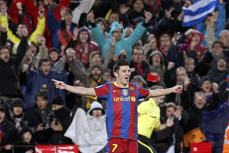 Villa celebra el tercer gol culé.