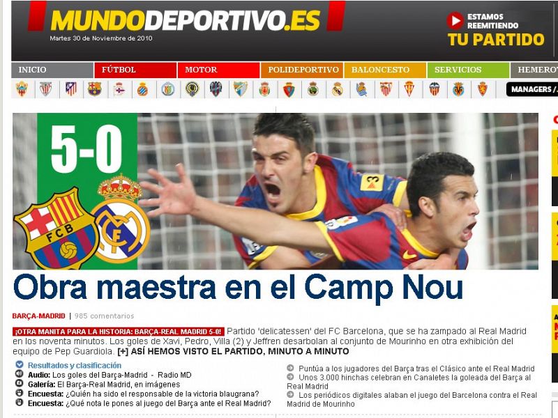 La web del catalán Mundo Deportivo abre su portada a toda página con la "obra maestra" del equipo de Guardiola en el