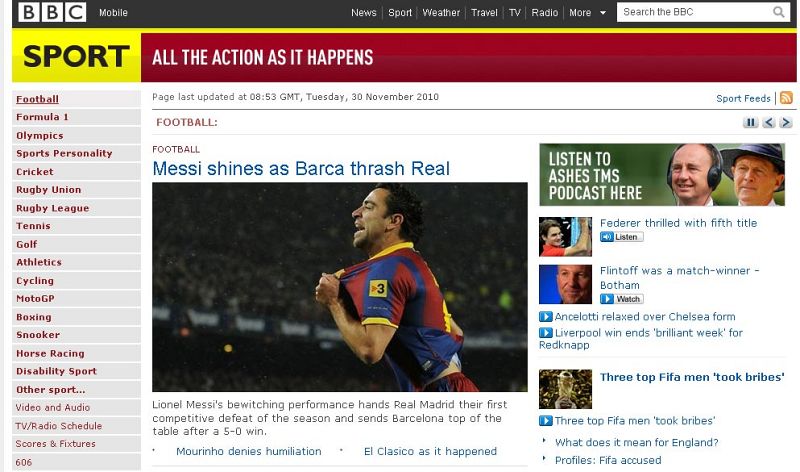 La web de la BBC destaca el brillo de Messi, aunque no marcó en el 5-0 azulgrana en el Camp Nou.