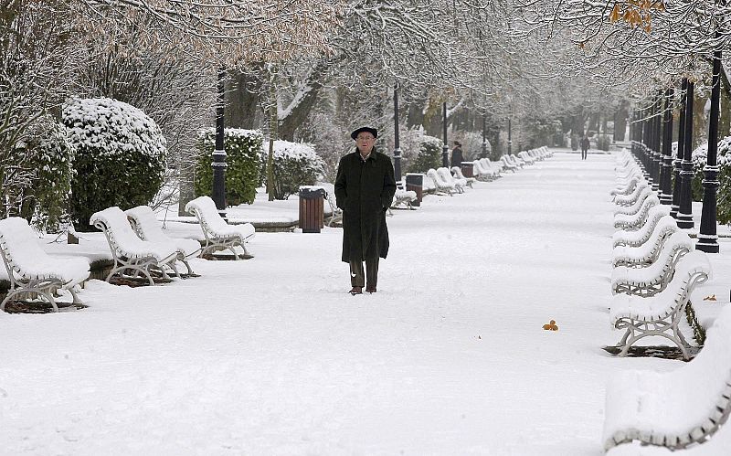 Un hombre pasea por el parque de la Alameda de Soria cubierto por la nieve.