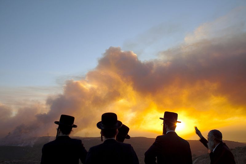 Judíos ultraortodoxos observan cómo el fuego devora el bosque Carmel.