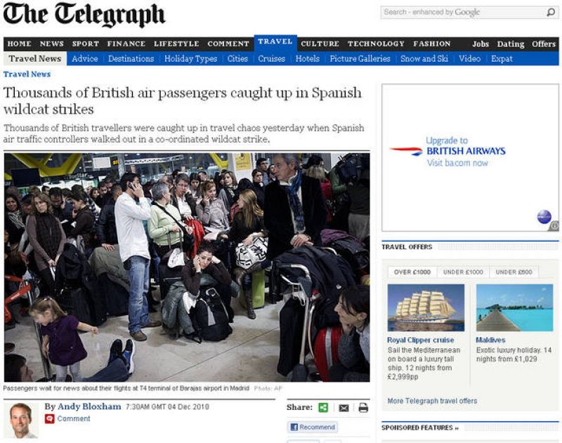  Portada del Telegraph sobre huelga de controladores