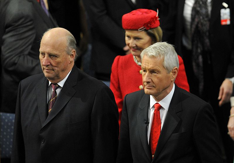 The Norwegian King Harald Queen Sonja and Nobel Committee chairman Jagland arrive on the Nobel Peace Prize ceremony in Osloce Prize ceremony in Oslo