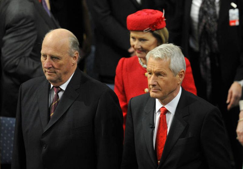 The Norwegian King Harald Queen Sonja and Nobel Committee chairman Jagland arrive on the Nobel Peace Prize ceremony in Osloce Prize ceremony in Oslo