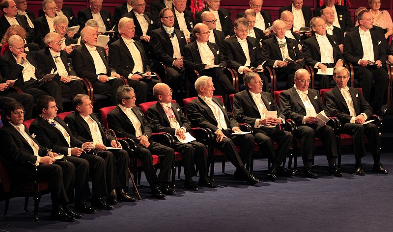 Nobel Prize laureates attend the 2010 Nobel Prize ceremony at the Concert Hall in Stockholm