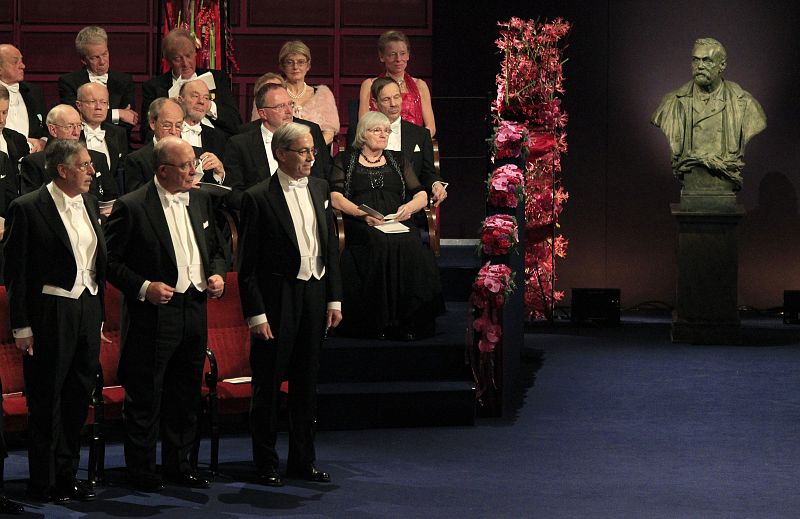 Peter Arthur Diamond of U.S., his compatriot Dale Mortensen and British-Cypriot Christopher Pissarides winners of 2010 Nobel Prize in Economic Sciences attend award ceremony at Concert Hall in Stockholm