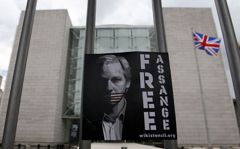 Picture of WikiLeaks founder Julian Assange is seen during a demonstration in front of the British Consulate in Sao Paulo